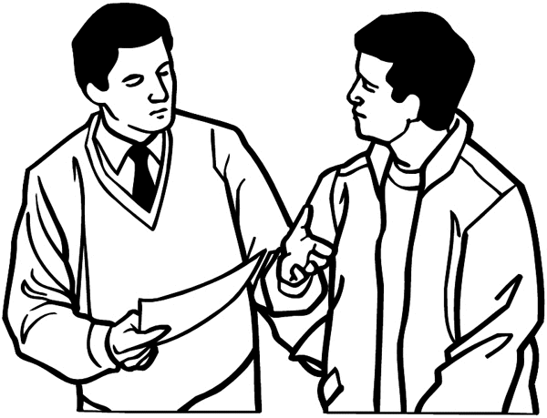 Two men discussing a paper vinyl sticker. Customize on line. Money Banks Stock Market Business 008-0188